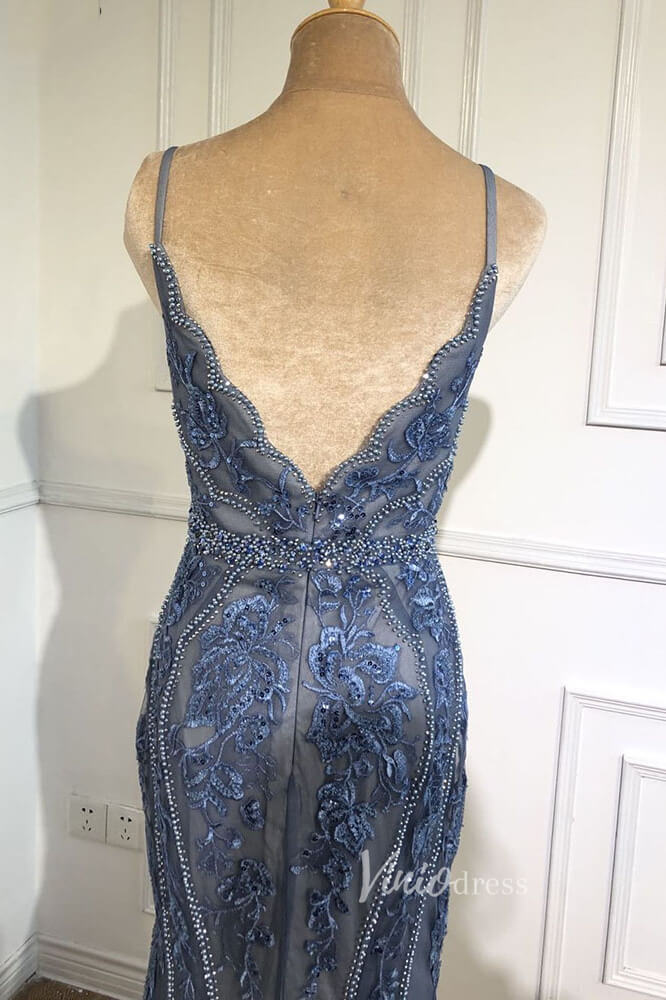 Dusty Blue Beaded Evening Dresses Mermaid Spaghetti Strap Prom Dress FD3023-prom dresses-Viniodress-Viniodress