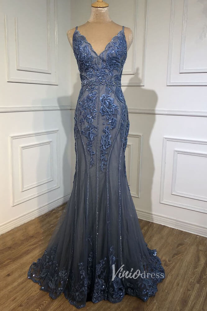Dusty Blue Beaded Evening Dresses Mermaid Spaghetti Strap Prom Dress FD3023-prom dresses-Viniodress-Dusty Blue-US 2-Viniodress