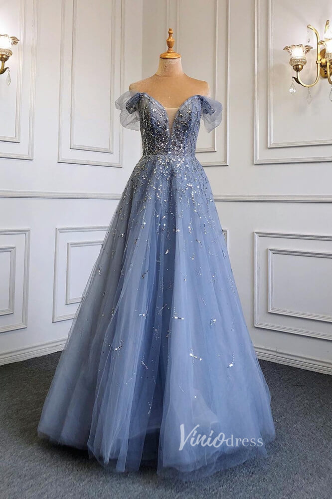 Dusty Blue Beaded Evening Dresses Off the Shoulder Prom Dress FD3021-prom dresses-Viniodress-Viniodress