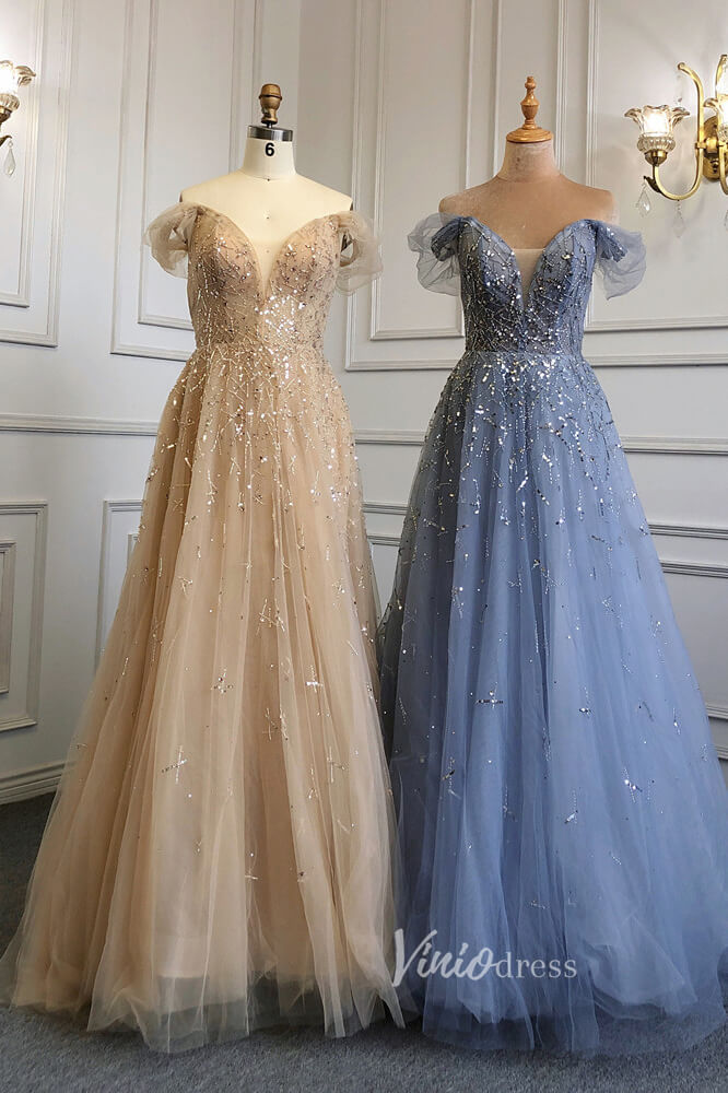 Dusty Blue Beaded Evening Dresses Off the Shoulder Prom Dress FD3021-prom dresses-Viniodress-Dusty Blue-US 2-Viniodress