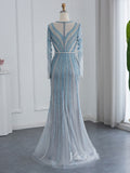 Dusty Blue Beaded Prom Dresses Long Sleeve Mermaid Evening Dress 20097-prom dresses-Viniodress-Viniodress