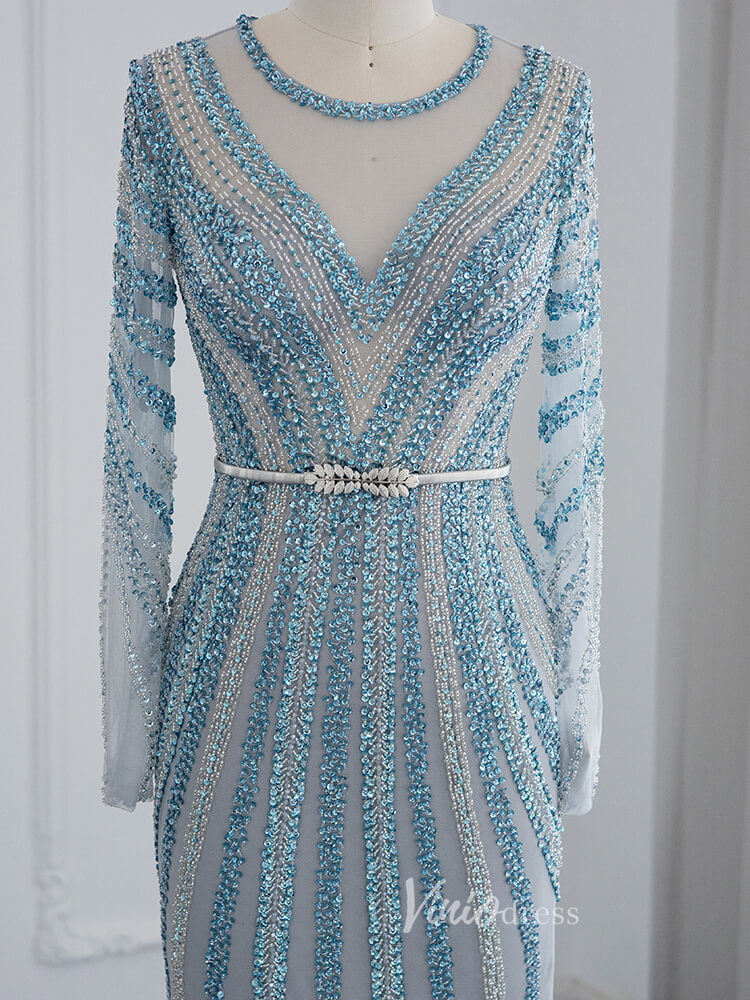Dusty Blue Beaded Prom Dresses Long Sleeve Mermaid Evening Dress 20097-prom dresses-Viniodress-Viniodress