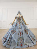 Dusty Blue Lace Quinceanera Dresses Layered Vintage Debut Ball Gowns FD2269 viniodress