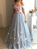 Dusty Blue Long Prom Dresses Strapless Floral Formal Dress FD1586-prom dresses-Viniodress-Viniodress