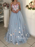 Dusty Blue Long Prom Dresses Strapless Floral Formal Dress FD1586