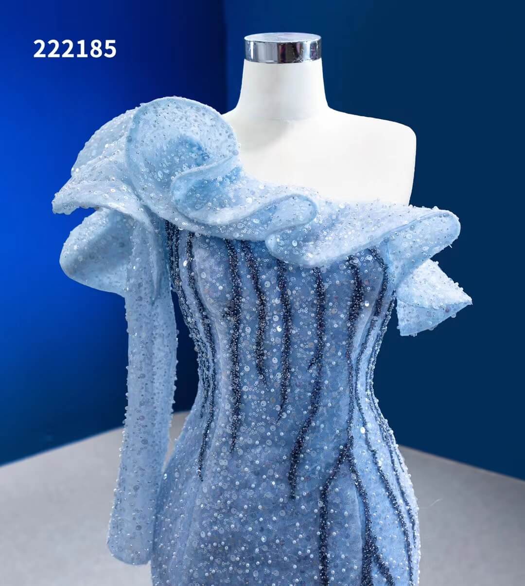 Dusty Blue Pageant Dress One Shoulder Long Sleeve Mermaid Formal Evening Gowns 222185-prom dresses-Viniodress-Viniodress