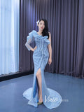 Dusty Blue Pageant Dress One Shoulder Long Sleeve Mermaid Formal Evening Gowns 222185