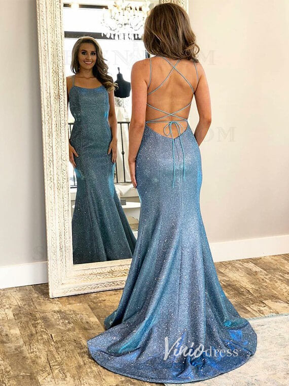 Dusty Blue Sparkly Satin Prom Dresses Mermaid Spaghetti Strap Evening Gown FD3381-prom dresses-Viniodress-Dusty Blue-Custom Size-Viniodress