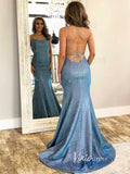 Dusty Blue Sparkly Satin Prom Dresses Mermaid Spaghetti Strap Evening Gown FD3381