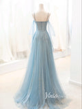 Dusty Blue Sparkly Tulle Prom Dresses Spaghetti Strap Evening Dress FD3429-prom dresses-Viniodress-Viniodress