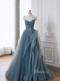 Dusty Blue Tulle Prom Dresses Off the Shoulder Removable Sleeve Evening Dress FD3216-prom dresses-Viniodress-Viniodress