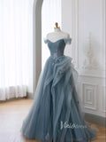 Dusty Blue Tulle Prom Dresses Off the Shoulder Removable Sleeve Evening Dress FD3216-prom dresses-Viniodress-Viniodress