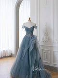 Dusty Blue Tulle Prom Dresses Off the Shoulder Removable Sleeve Evening Dress FD3216-prom dresses-Viniodress-Viniodress