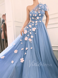 Dusty Blue Tulle Prom Dresses One Shoulder 3D Flower Ball Gown FD1530