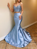 Dusty Blue Two Piece Mermaid Prom Dresses Spaghetti Strap V-Neck FD2027B-prom dresses-Viniodress-Viniodress