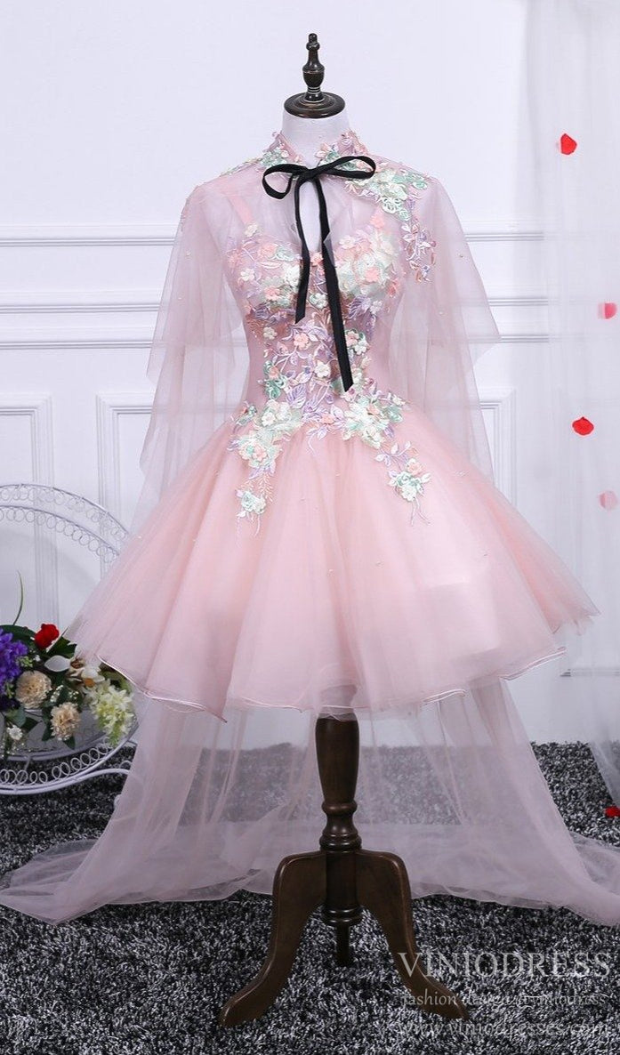 Dusty Pink Floral Homecoming Dress with Cape SD1388 VINIODRESS-Homecoming Dresses-VINIODRESS-US2-Pink-Viniodress