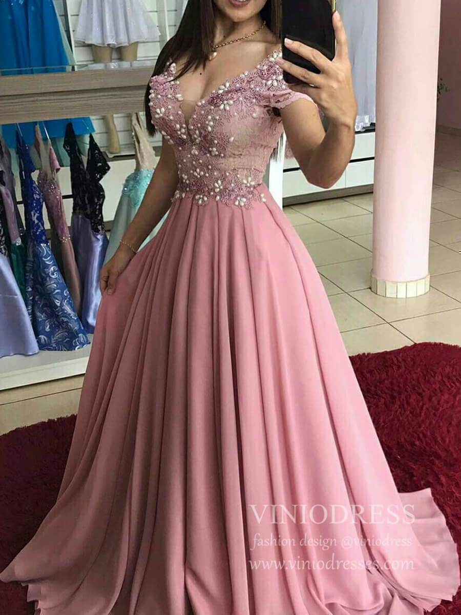 Dusty Rose Beaded Lace Prom Dresses Off the Shoulder Military Ball Gowns FD1758-prom dresses-Viniodress-As Picture-Custom Size-Viniodress