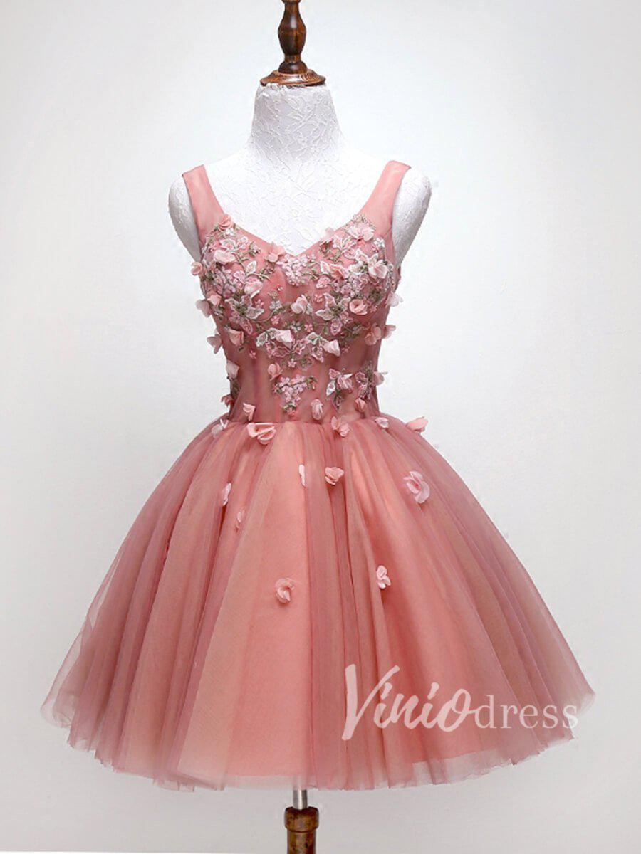 Dusty Rose Floral Homecoming Dresses V Neck SD1166-homecoming dresses-Viniodress-Rose Pink-Custom Size-Viniodress