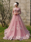 Dusty Rose Long Sleeve Prom Dresses Lace Applique Evening Dress 66986-prom dresses-Viniodress-Viniodress