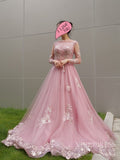 Dusty Rose Long Sleeve Prom Dresses Lace Applique Evening Dress 66986-prom dresses-Viniodress-Viniodress