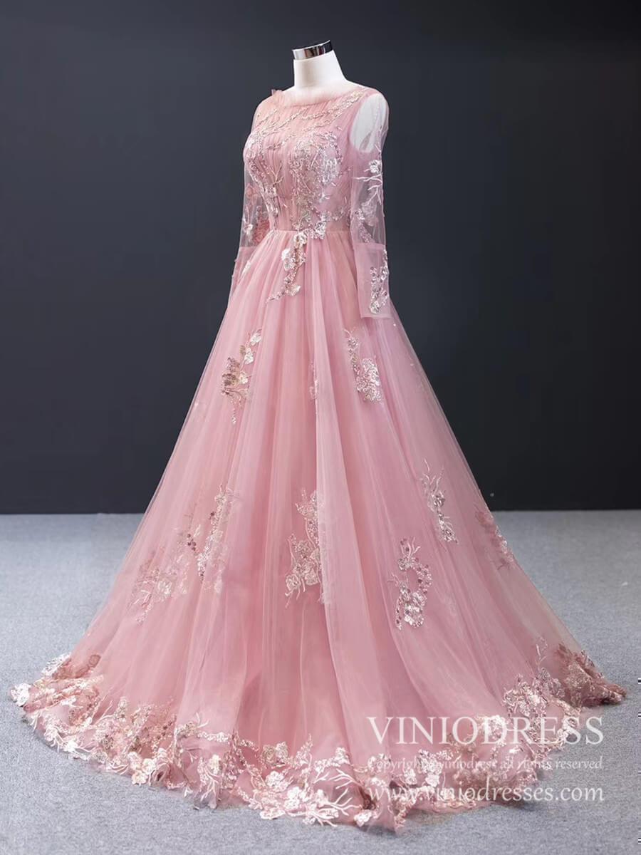 Dusty Rose Long Sleeve Prom Dresses Lace Applique Evening Dress 66986-prom dresses-Viniodress-Viniodress