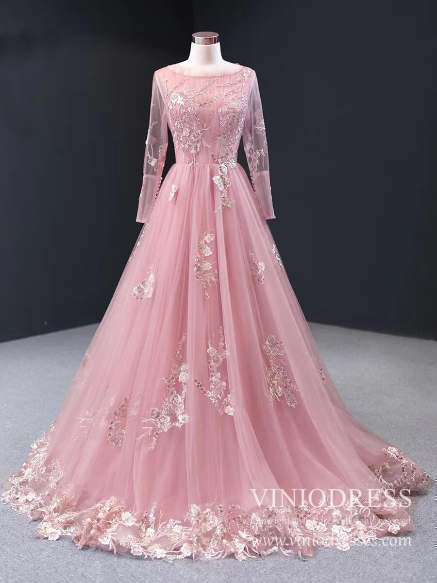 Dusty Rose Long Sleeve Prom Dresses Lace Applique Evening Dress 66986-prom dresses-Viniodress-Dusty Rose-Custom Size-Viniodress