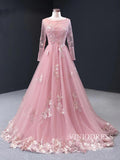 Dusty Rose Long Sleeve Prom Dresses Lace Applique Evening Dress 66986