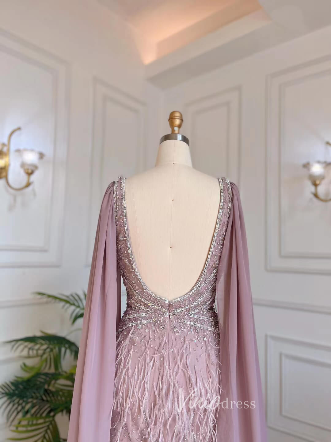 Dusty Rose Pink Beaded Feather Prom Dressses Chiffon Cape Evening Dress 20003-prom dresses-Viniodress-Viniodress
