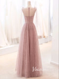 Dusty Rose Pink Starry Tulle Prom Dresses A-line Evening Dress FD3426-prom dresses-Viniodress-Viniodress