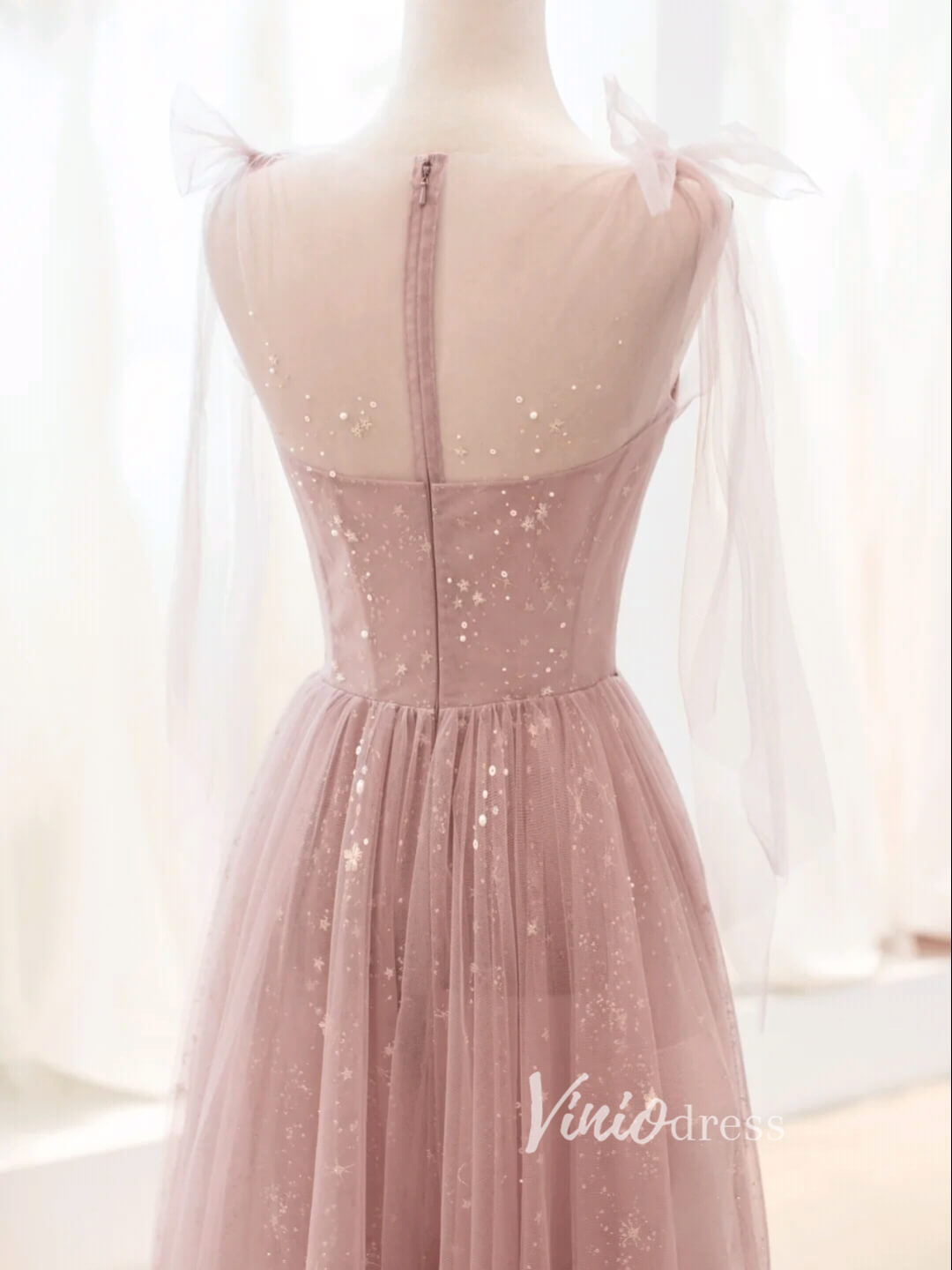 Dusty Rose Pink Starry Tulle Prom Dresses A-line Evening Dress FD3426-prom dresses-Viniodress-Viniodress