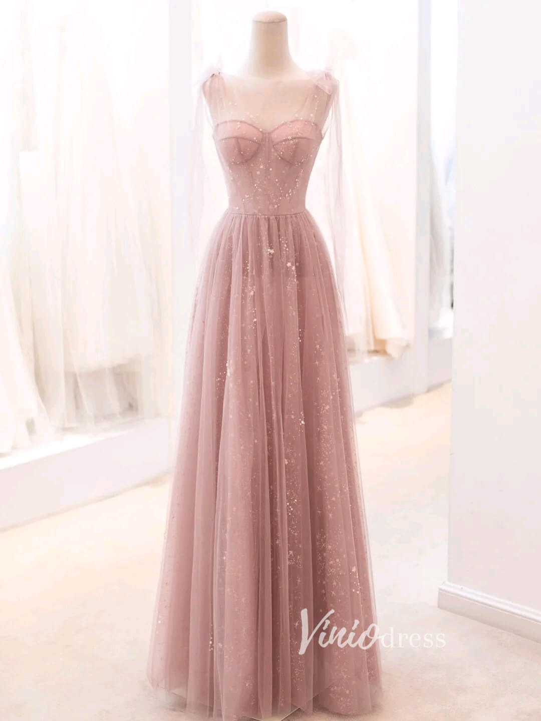 Dusty Rose Pink Starry Tulle Prom Dresses A-line Evening Dress FD3426-prom dresses-Viniodress-Dusty Rose-Custom Size-Viniodress