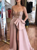 Dusty Rose Satin Prom Dresses with Pockets Strapless Sweetheart Neck Evening Gown FD1810