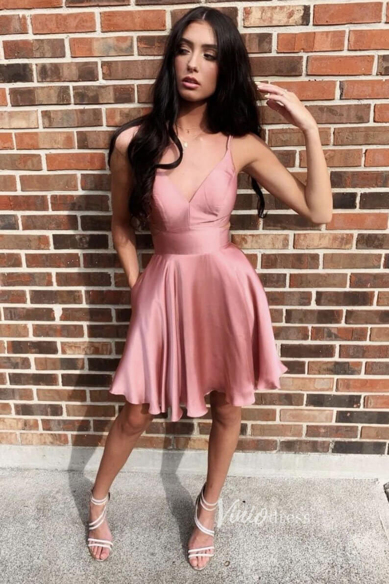 Dusty Rose Satin Short Prom Dress with Pockets SD1121-homecoming dresses-Viniodress-Dusty Rose-Custom Size-Viniodress