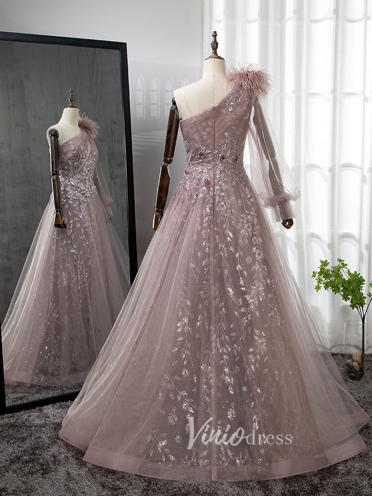 Dusty Rose Tulle Prom Dresses One Shoulder Feather Long Sleeve Evening Gown 20037-prom dresses-Viniodress-Viniodress