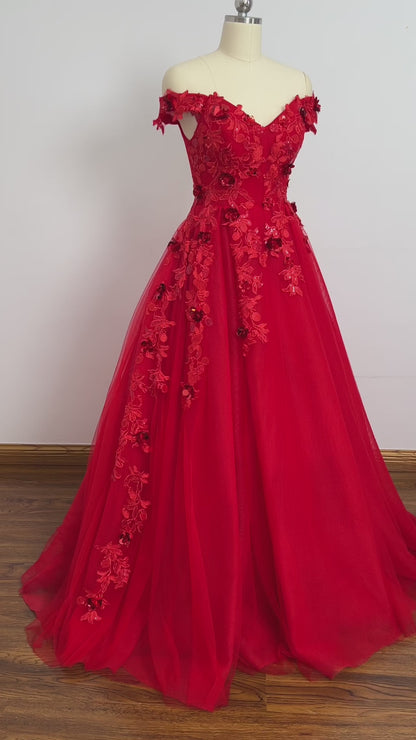 Vestidos de fiesta rojos con purpurina y hombros descubiertos, vestido formal largo FD2912