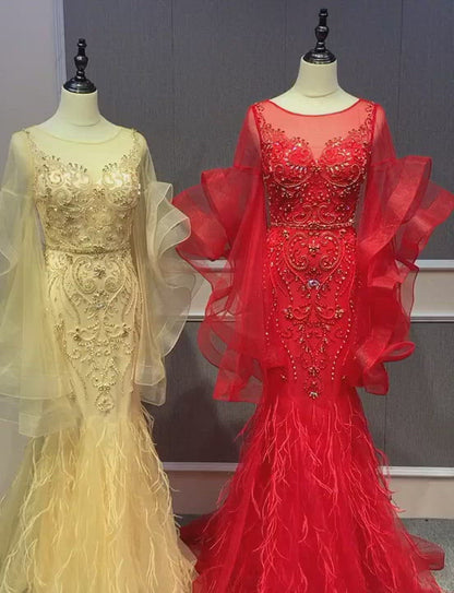 Robe de soirée à manches longues à volants robe de bal perlée Vintage FD2478