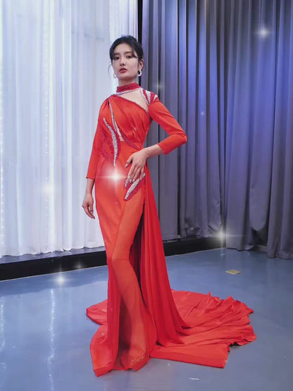 Long Sleeve Red Mermaid Pageant Dress Overskirt Formal Gown 67436