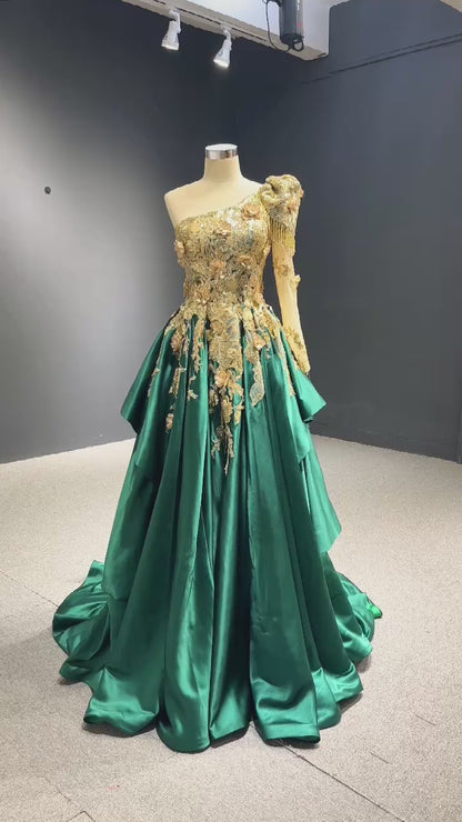 Vestido formal de una línea verde esmeralda Vestido de fiesta de graduación de manga larga con un hombro 67508