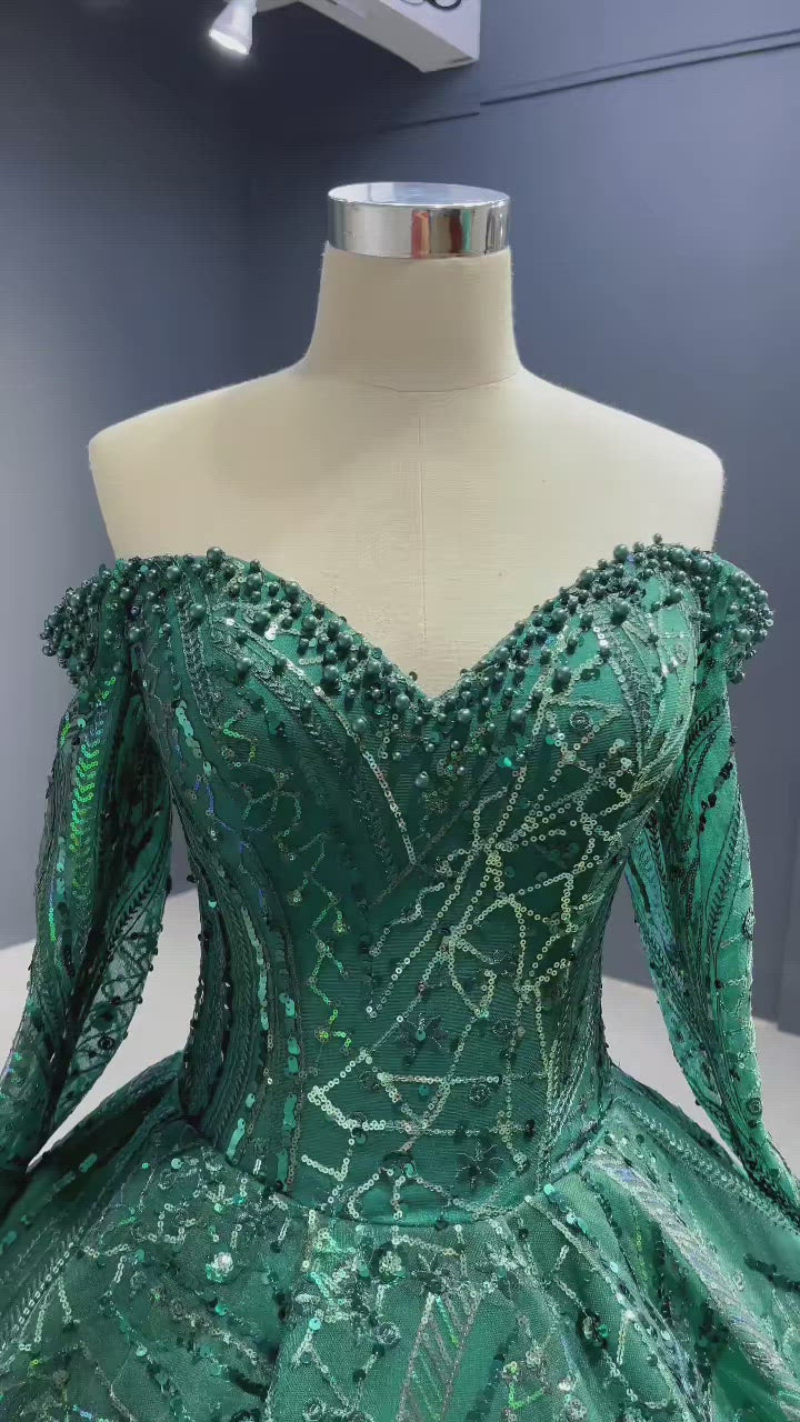 Anissa Sequin Long Sleeve Gown in Emerald