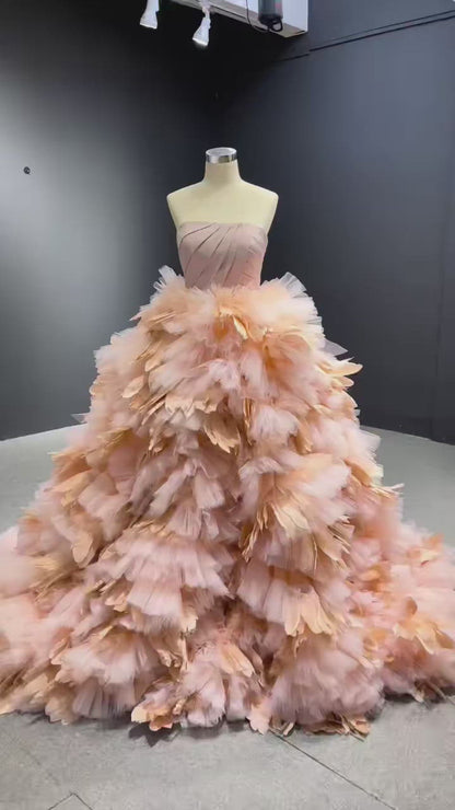 Blush Pink Ruffled Wedding Dress Vintage Strapless Ball Gown 67463