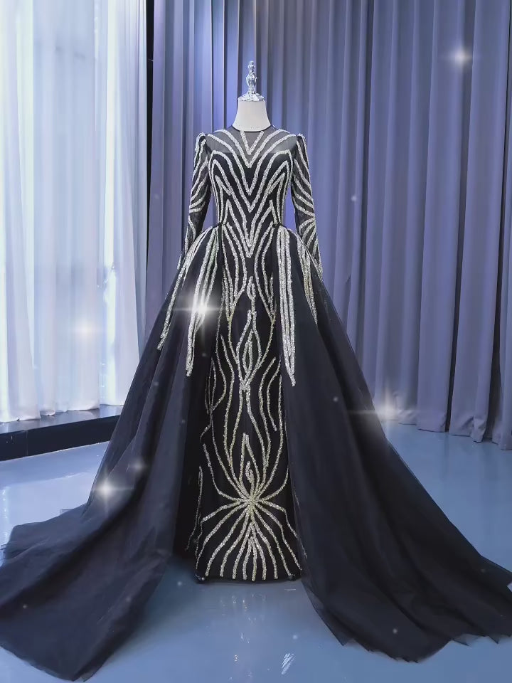 Gold Beaded Black Wedding Dresses with Detachable Overskirt
