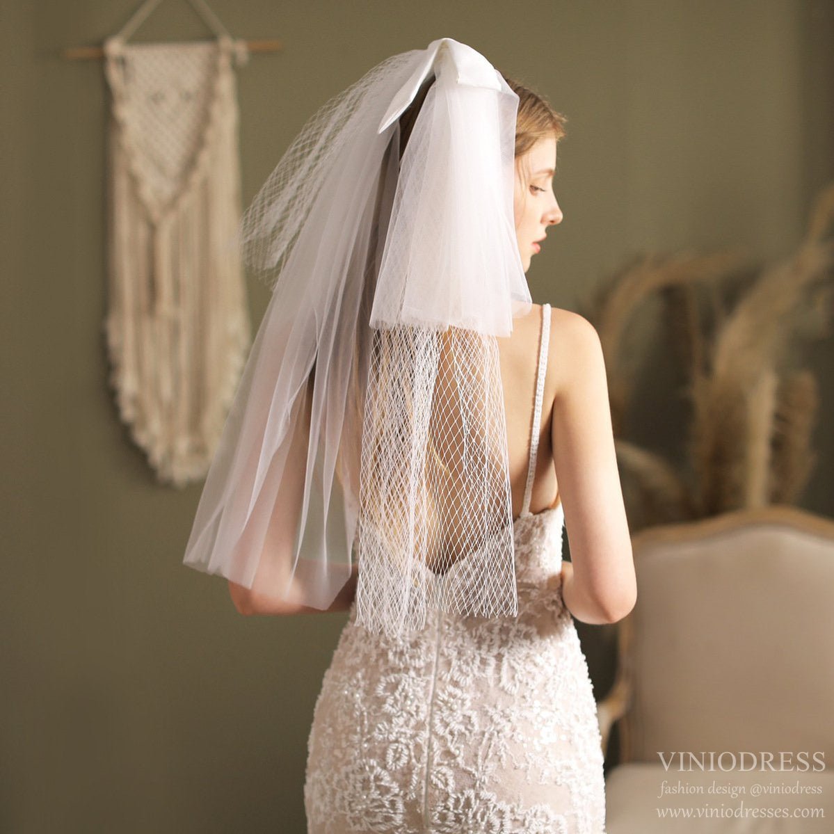 Elbow Length Mesh Veil with Bow-Accessories 2025 -Viniodress-Ivory-