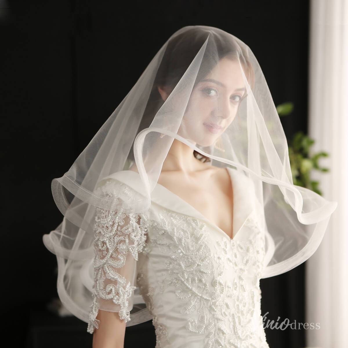 Elbow Length Tulle Bridal Blusher Veils AC1294-Bridal Veil 2025 -Viniodress-Ivory-