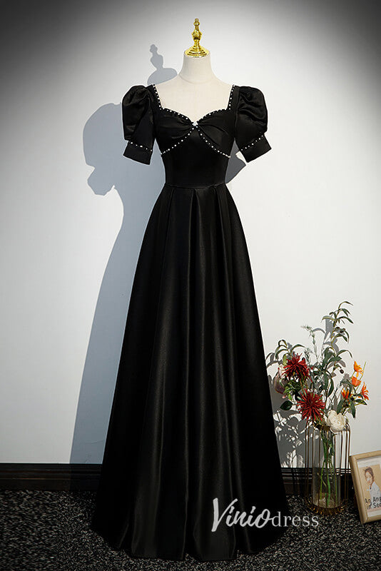 Elegant Black Satin Prom Dresses with Puffed Sleeve FD3531 – Viniodress