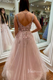 Elegant Blush Lace Applique Prom Dress with Plunging V-Neck FD3468-prom dresses-Viniodress-Viniodress