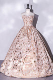 Elegant Pink Floral Jacquard Satin Prom Dresses Strapless Formal Gown FD3527