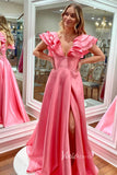 Elegant Pink Satin Prom Dress with Flattering Ruffled Shoulder and Slit FD3470