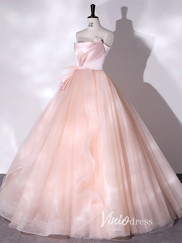 Elegant Pink Strapless Prom Dresses with Feathers FD3524-prom dresses-Viniodress-Viniodress