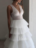 Elegant Tiered Tulle Beach Wedding Dresses V Neck Open Back VW1254-wedding dresses-Viniodress-Viniodress