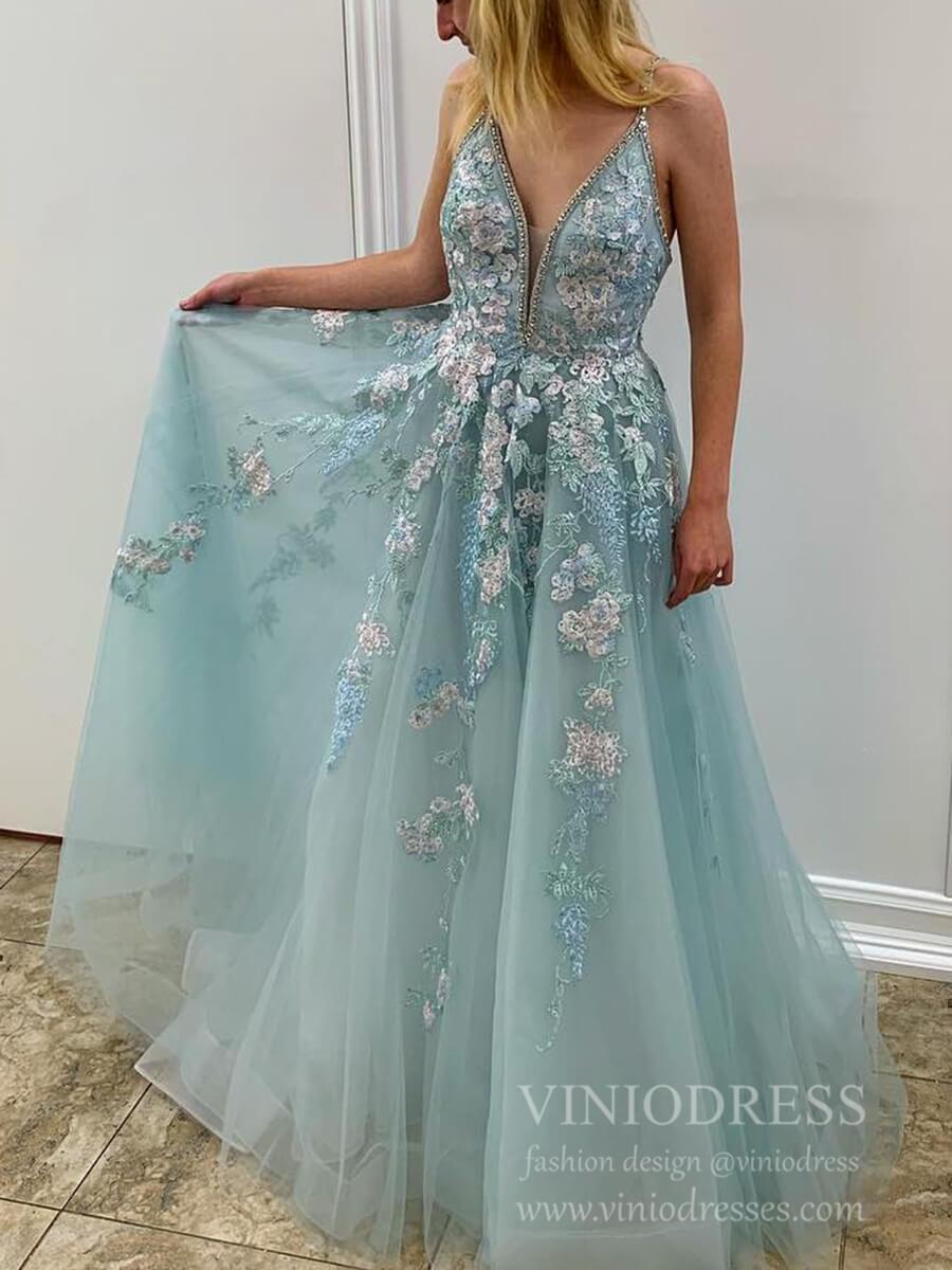 Embroidered Spaghetti Strap Prom Dresses Deep V Neck Formal Dress FD1779-prom dresses-Viniodress-As Picture-US 2-Viniodress